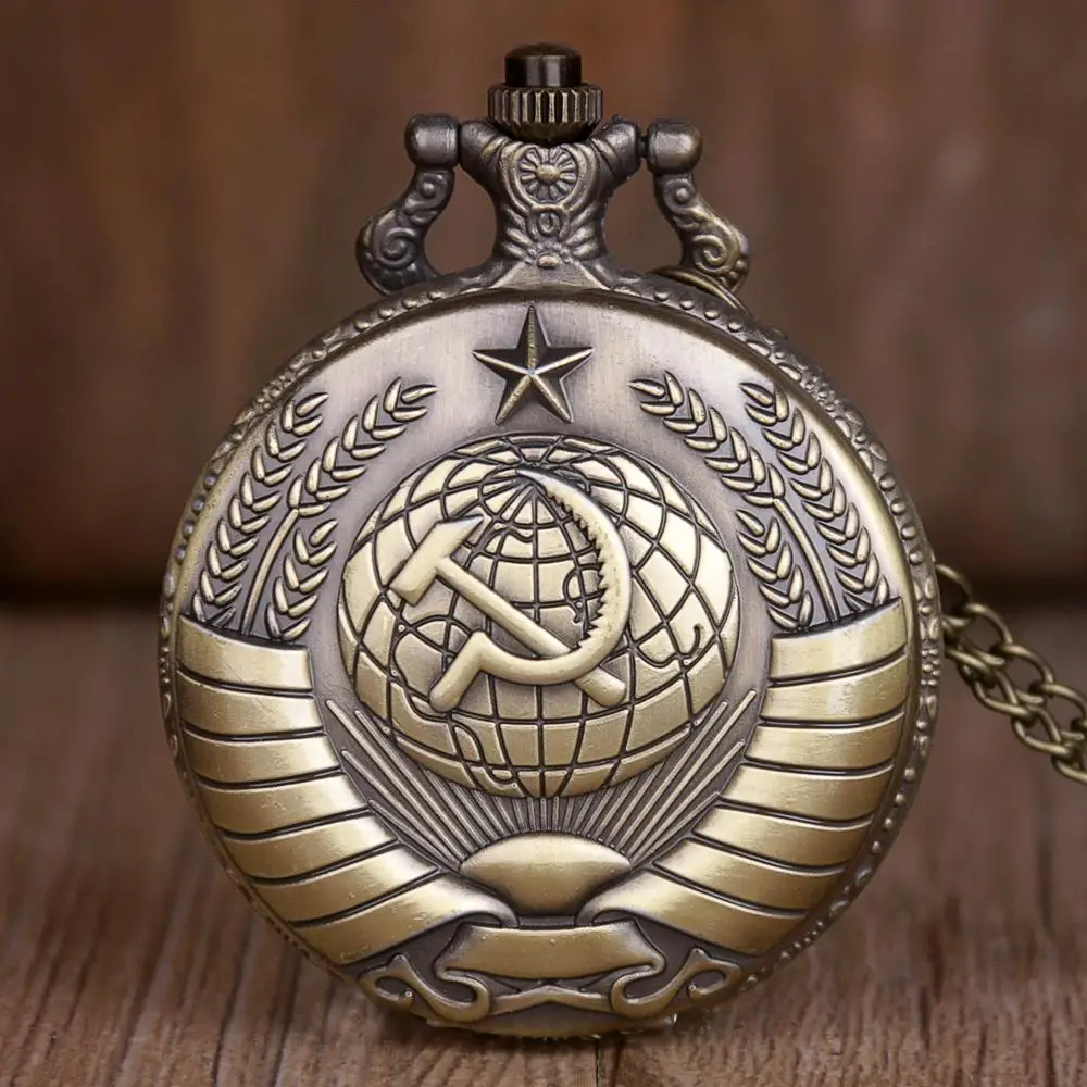 

Luxury Soviet Badges Sickle Hammer Pocket Watch Bronze Pendant Russia Emblem Communism with Fob Chain Clock