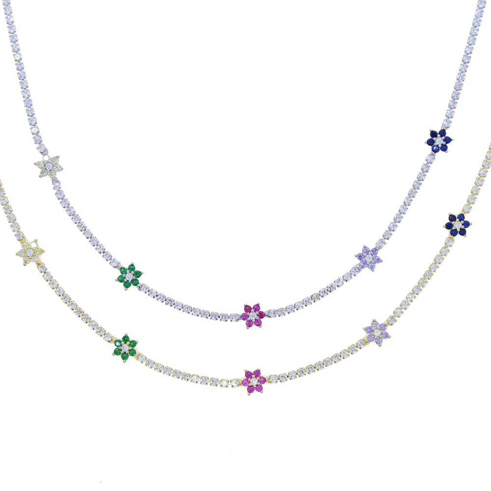 2025 Spring Colorful Rainbow Cubic Zirconia CZ Flower Charm Thin CZ Tennis Chain 32+10CM Fashion Women Choker Necklace