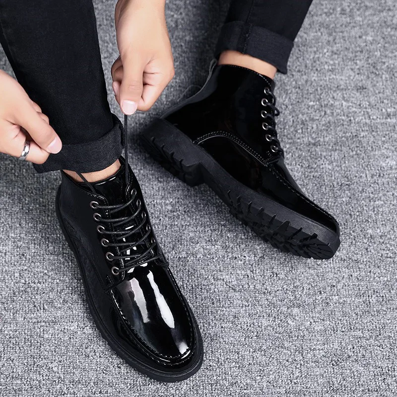 New Patent Leather Boots Men British Style Gothic Ankle Boots Punk Men Black Motorcycle Oxford Boots Thick Sole High Top Shoes