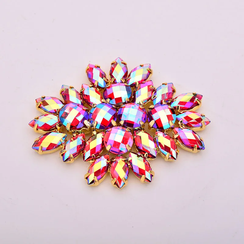 JUNAO 2pc 45*59mm Blue AB Large Flower Glass Claw Rhinestones Applique Sewn Strass Crystal Stones For Wedding Dress Crafts