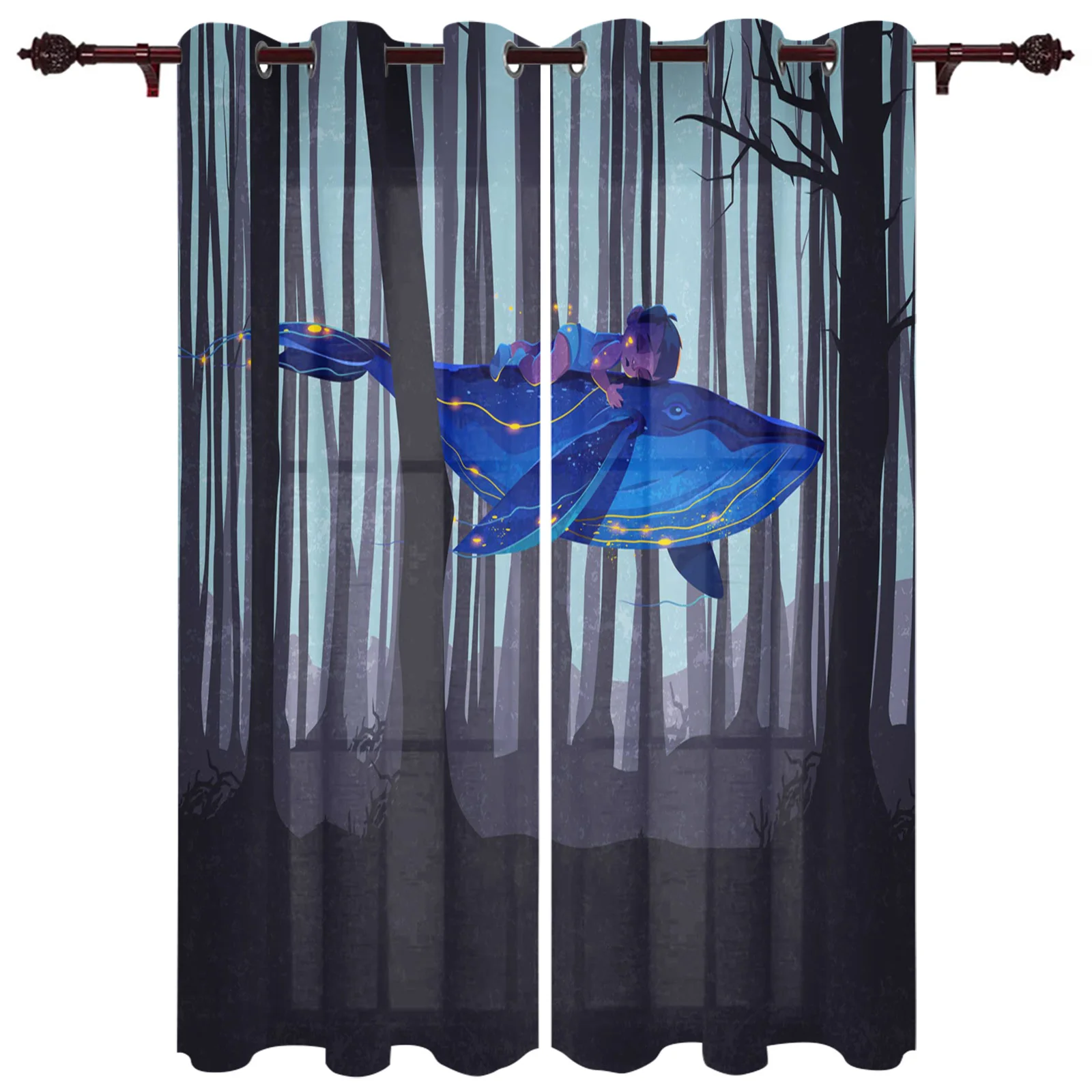 Forest Whale Boy Dream Kitchen Curtain Kids Bedroom Living Room Balcony French Windows Curtain Fabric Pergola Bathroom