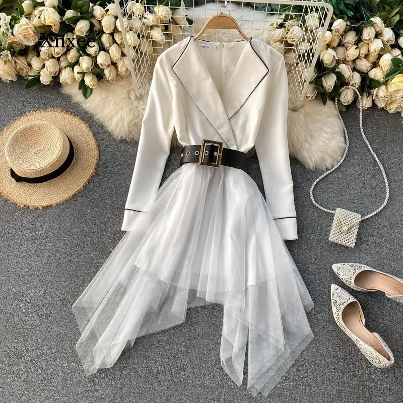 Women Long Sleeve Spring Autumn Dress 2021Notched Collar Fashion Party Dress Mesh Patchwork Irregular White Ladies Office Dress