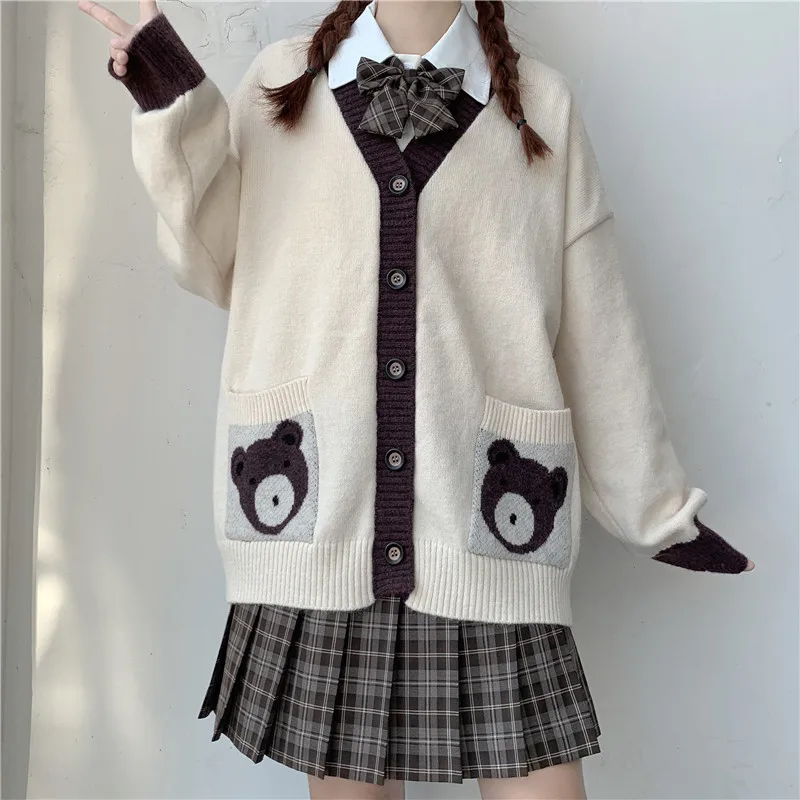 2020 New Japanese Style Sweet Color Matching Cute Bear Sweater Loose JK Uniform Sweater Coat for Women Autumn  school uniform