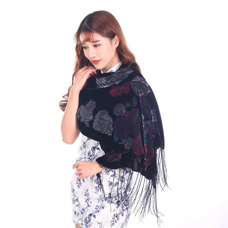 High Quality Black Velvet Rose Shawl Winter Scarf Thicking Warm Vintage Burnout Women Accessory Wedding Ponchos Wrap