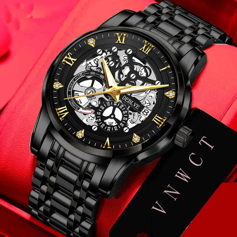 

Men Fashion Hollow Imitation Mechanical Needle Walking Watch Luxury Waterproof Calendar Luminous Men's Solid Belt Watch for Men