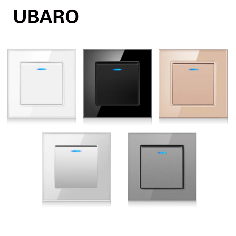 UBARO EU Tempered Glass Panel Flame Dual Control PC Plastic Button LED Indicator 1Gang 2 Way Stair Bedside Wall Push Switch