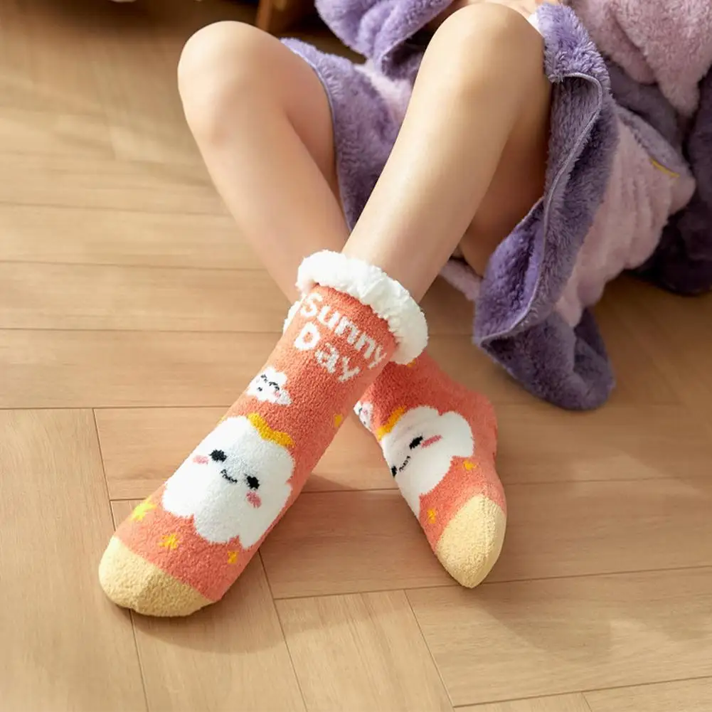 Women Slipper Socks Cute Cartoon Animals Thermal Socks Winter Fuzzy Thick Fleece Lining Socks for Girl Women Christmas Gift