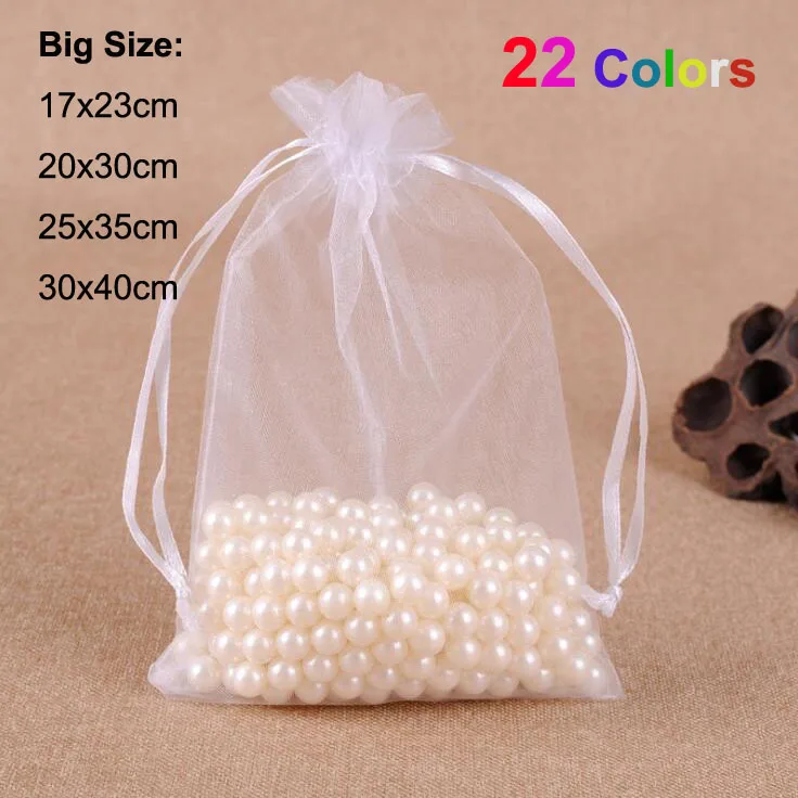 

100 PCS 17x23 20x30 30x40cm Big Drawstring Organza Bags For Wedding Party Gift Packaging Bags (Extra Cost For Customise Logo)