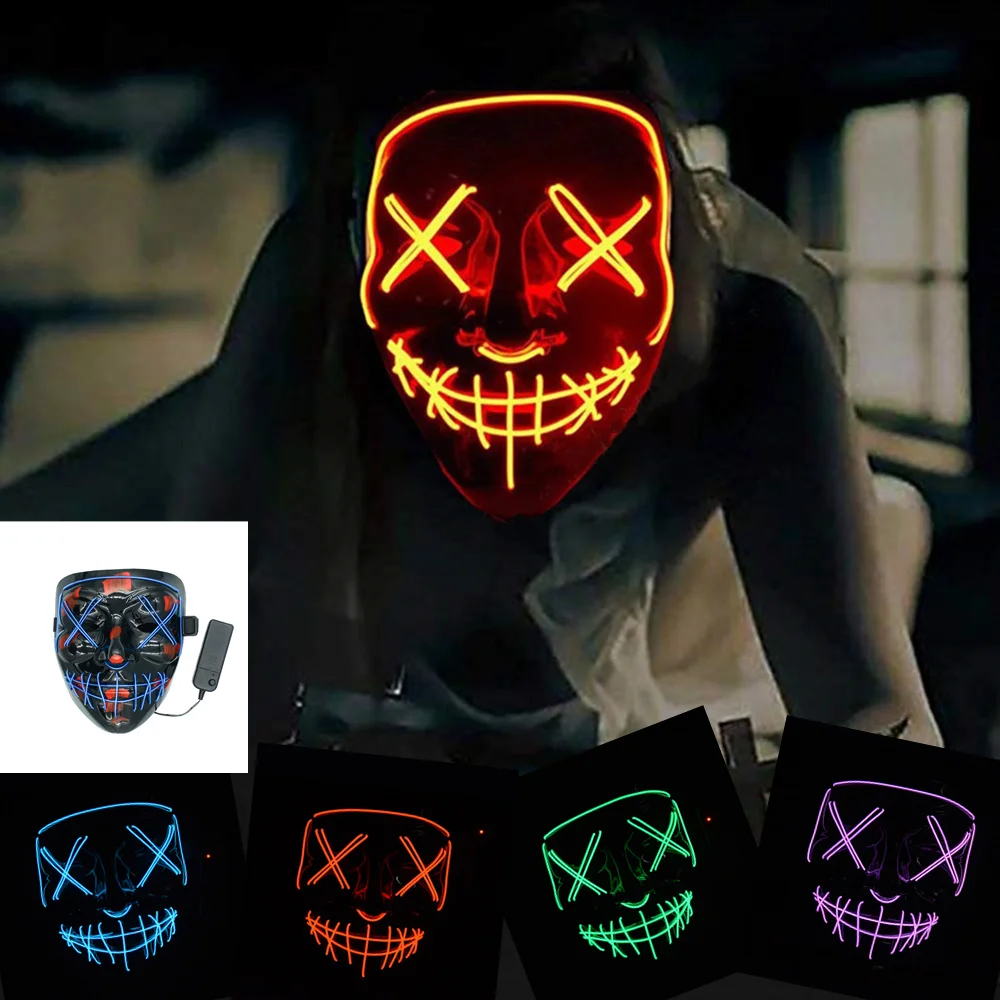 LED Mask Halloween Neon Masks Glow In The Dark Maske Party Mascaras Horror Mascarillas Scary Maska Carnival Masque Light Masker