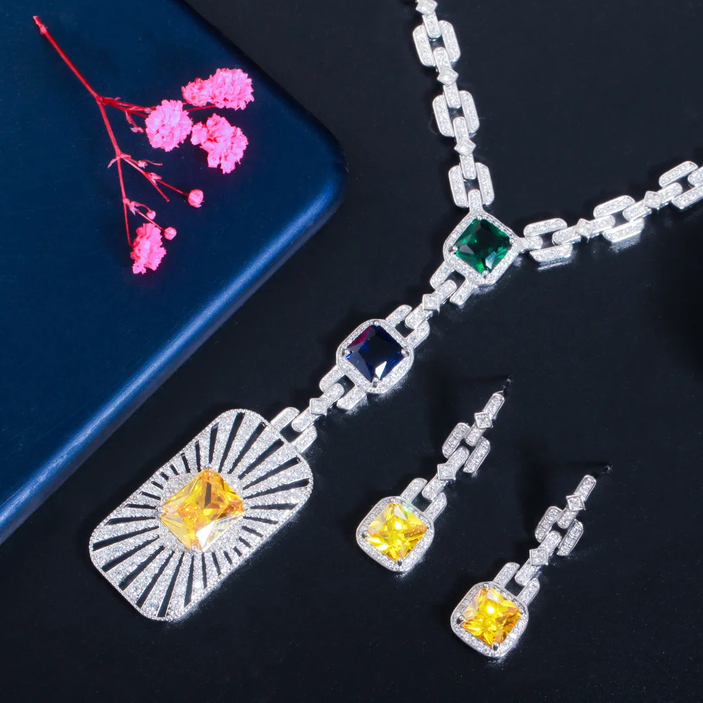 

CWWZircons полный кубический циркон многоцветный роскошное платье ожерелье серьги для женщин Свадебная вечеринка Дубай Свадебный комплект ювелирных изделий T564