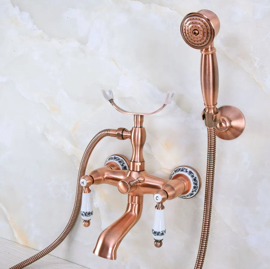 

Antique Red Copper Shower Faucets Dual Handle Wall Mounted Bath And Shower Faucet With Handheld Showers zna378