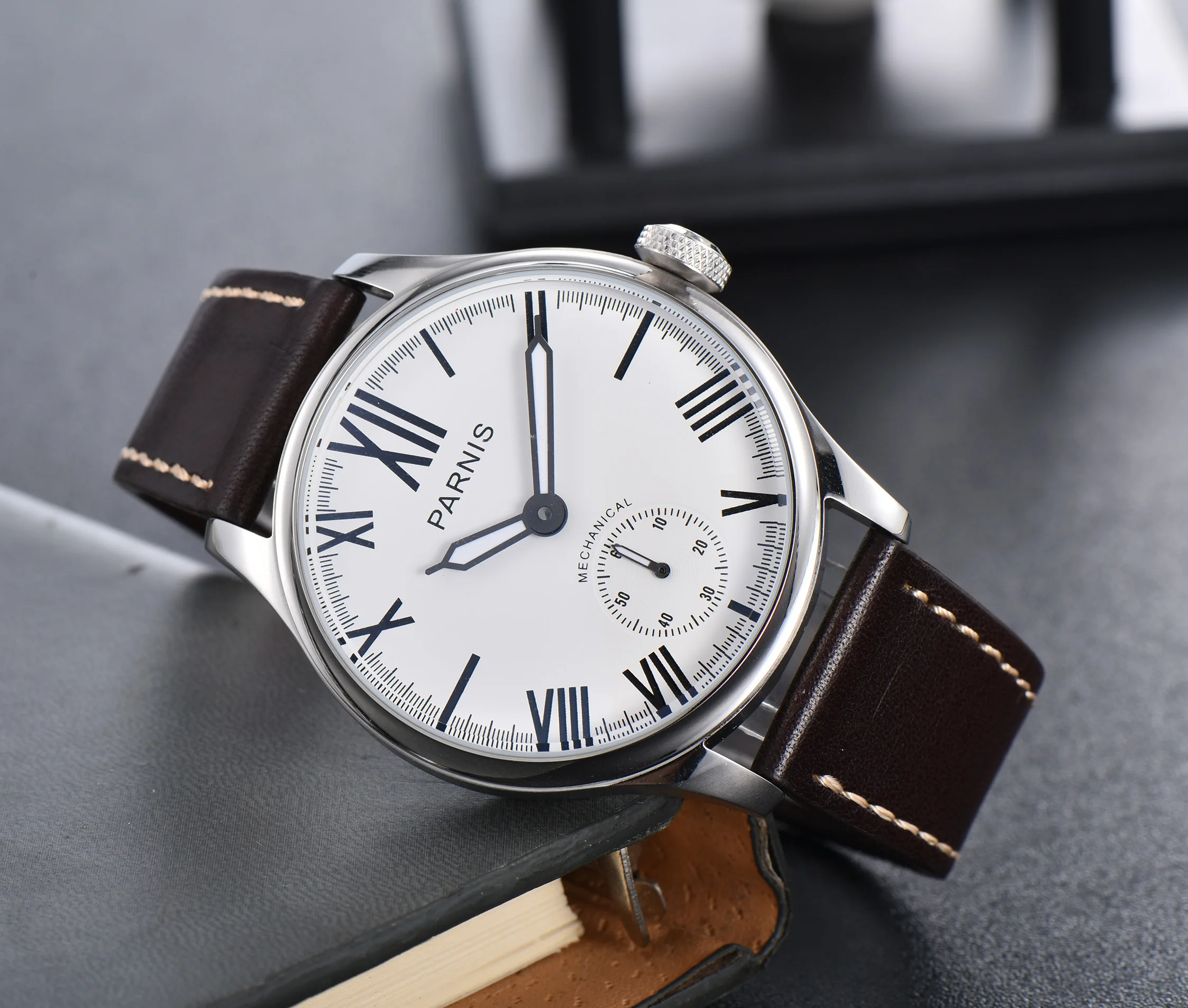 PARNIS Fashional Mechancial 44mm Hand Winding Men's Watch White Dial 6498 Movement Round Wristwatch Leathe Band