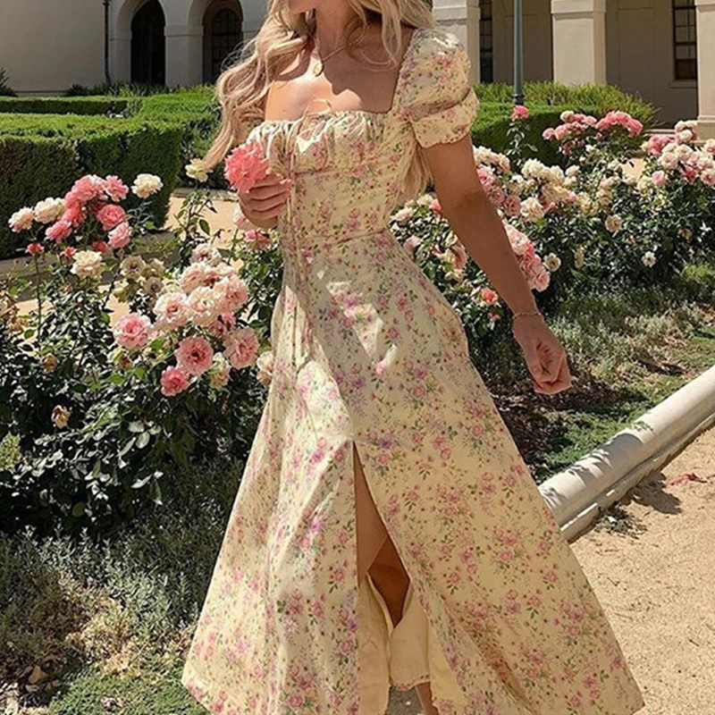 Women Floral Print Split Dress Sweet Puff Short Sleeve Square Collar Slim Fit Maxi Dress Holiday Summer Casual Sexy A-Line Dress