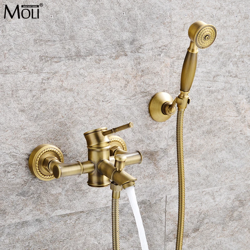 

Bamboo Bath Set Antique Bathroom Shower Faucet Hot Cold Bathtub Mixer Crane Tap Wall Mount Brass Material ML740