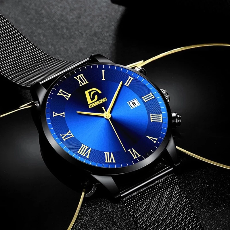 2024 Luxe Mode Heren Minimalistische Horloges Luxe Roestvrij Staal Gaas Riem Quartz Horloge Heren Business Casual Klok Reloj Hombre