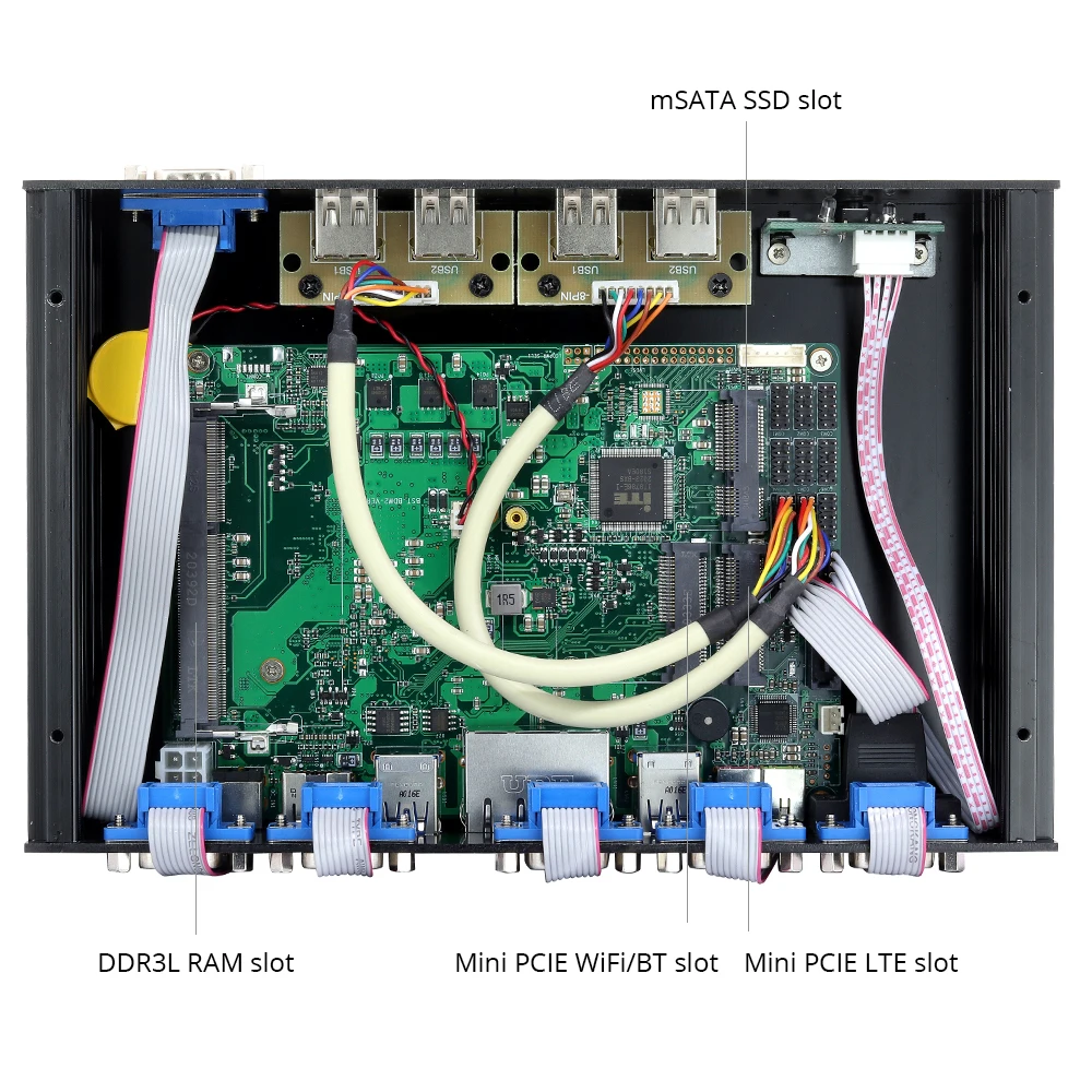 XCY-Mini PC industrial fanless, X26A, Intel Celeron 2955U, 2x Gbps, LAN, 6x COM, RS232, RS422, RS485, apoio 4G, LTE, WiFi, Windows, Linux