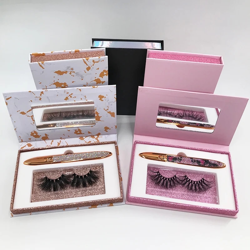 

Custom Logo Pink Gold Marble Design 25mm Strip Mink Lashes Book Tweezers And Adhesive Glue pen Empty Lash Box