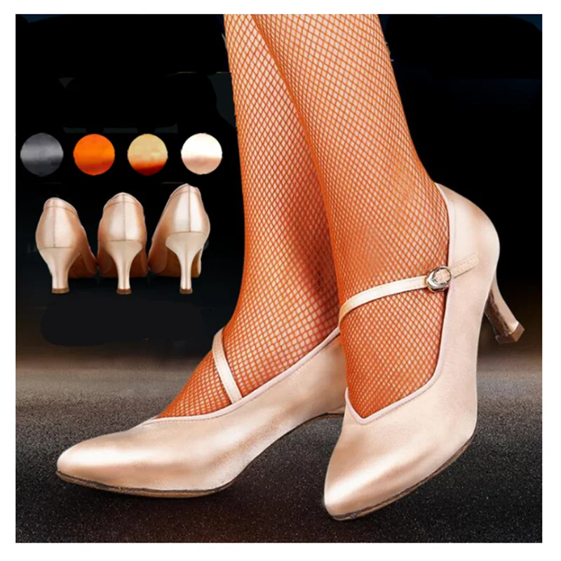 Women Standard Dance Shoes Tan Satin High Low Heel Ladies Ballroom Dance Shoes Soft Outsole Modern Dance Shoes