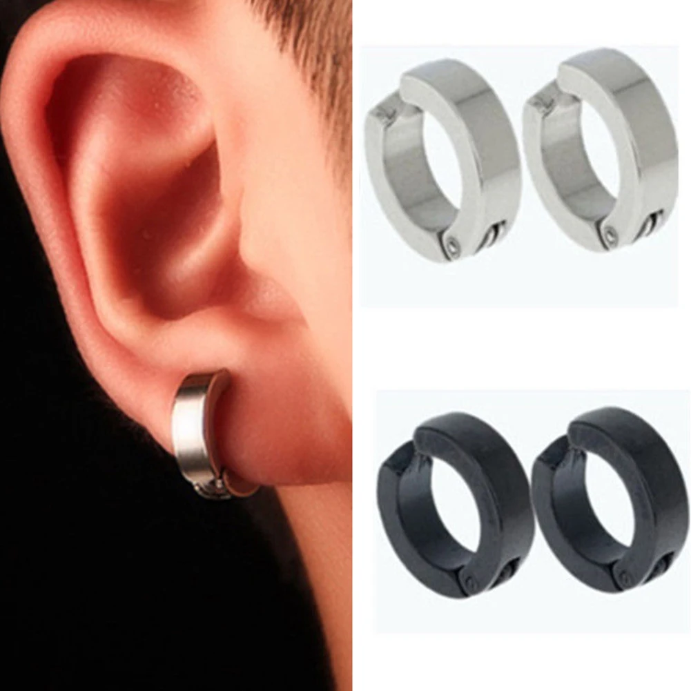 2pc Punk Women Men Small Huggie Earrings Gold Color Black Blue Stainless Steel Round Smooth Circle Hoop Earrings Jewelry