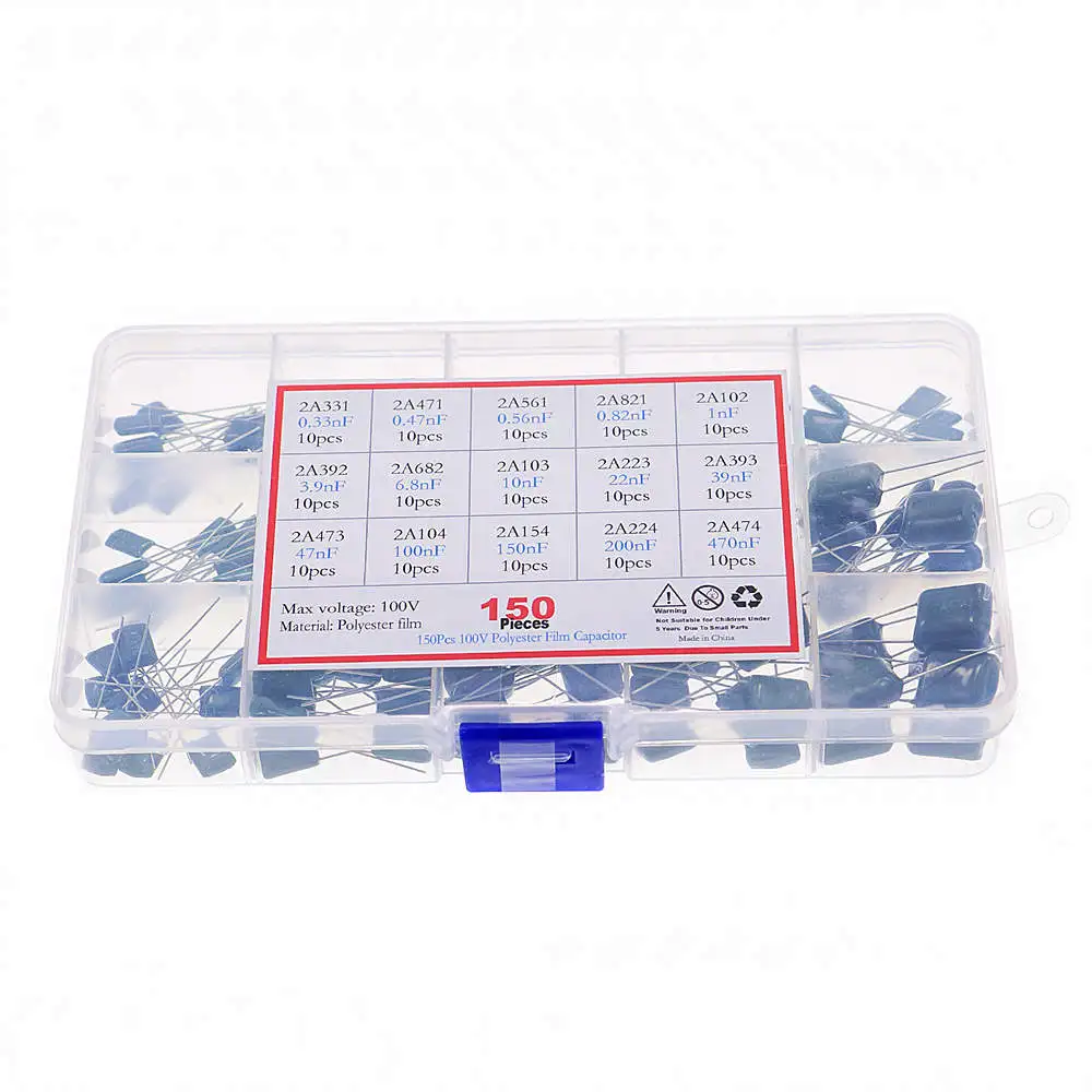 150pcs/Box 100V 15 Kinds (0.33nF-470nF) Polyester Film Capacitor Assorted kit