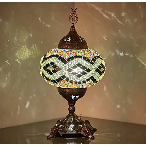 (15 Colors) Battery Operated Mosaic Table Lamp with Built-in LED Bulb, english Moroccan Handmade Mosaic Table Desk Bedside Mood