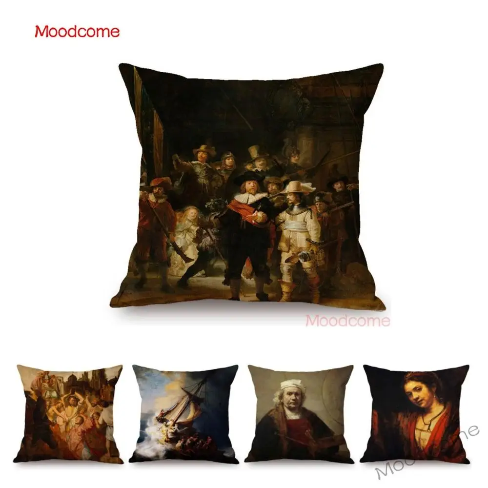 Home Decorative World Famous Oil Painting Throw Pillow Case Dutch Artist Rembrandt The Night Watch  Storm Linen Cuchion Cover