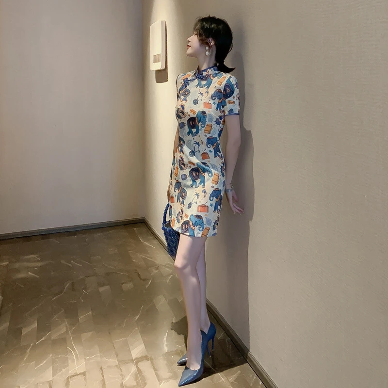 

Chinese Style Dress for Women Fashion Literary Cartoon Retro Cheongsam Summer Short Sleeve Split Youth Elephant Print Dresses