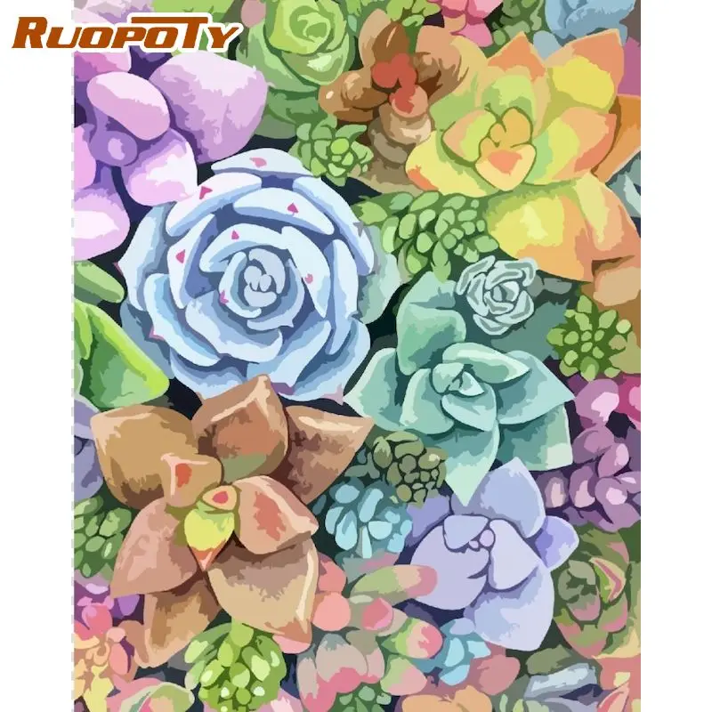 

RUOPOTY Frame DIY Painting By Number Succulent Plants Picture By Numbers Acrylic Paints Wall Art Picture For Home Decoration 60x