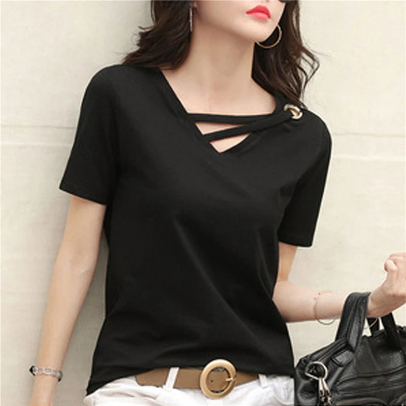 2023 Women Summer V-neck Loose Short Sleeve White T-shirt Women Korean Solid Color Tops Casual Compassionate Trend T Shirt