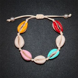 Colorful Printed Shell Bracelet for Women Bohemian Conch Braided Ankle Chain Bangle Adjustable Girls Summer Holiday Jewelry Gift