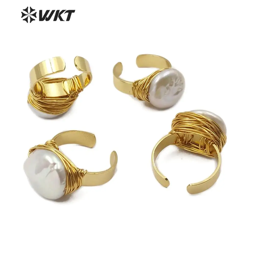 WT-R340 New Design Wholesale 5 Pieces Natural Wire Wrapped Pearl Ring Pole Star Round Teardrop Random Shape Jewelry