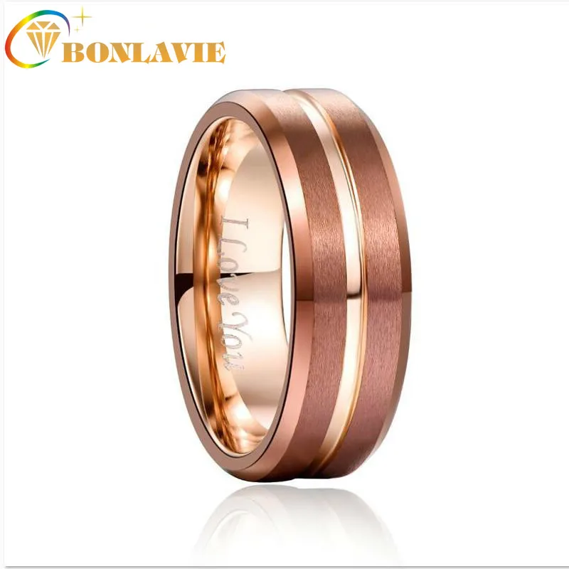 BONLAVIE 8mm Width Tungsten Carbide Ring Brown Plating Rose Gold Color Middle Groove Tungsten Steel Men's Ring