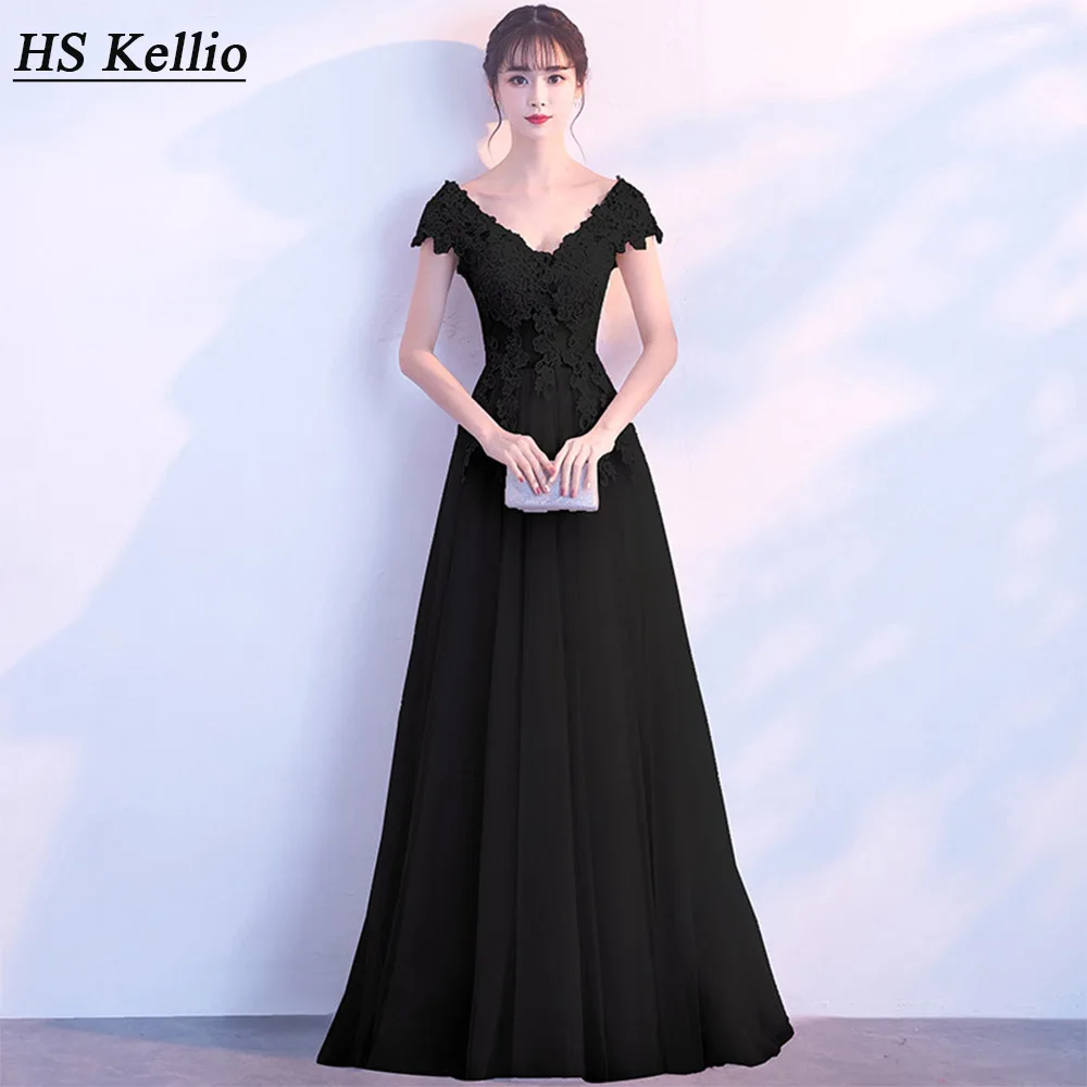 Vestido negro para madre de la novia, ropa de fiesta nupcial, con doble cuello en V, encaje de tul, apliques, talla grande