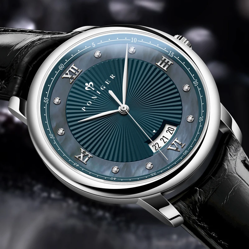 Poniger topo marca de luxo masculino relógio de pulso quartzo com pulseira de couro casual relógio de negócios masculino safira à prova dwaterproof água data relógios
