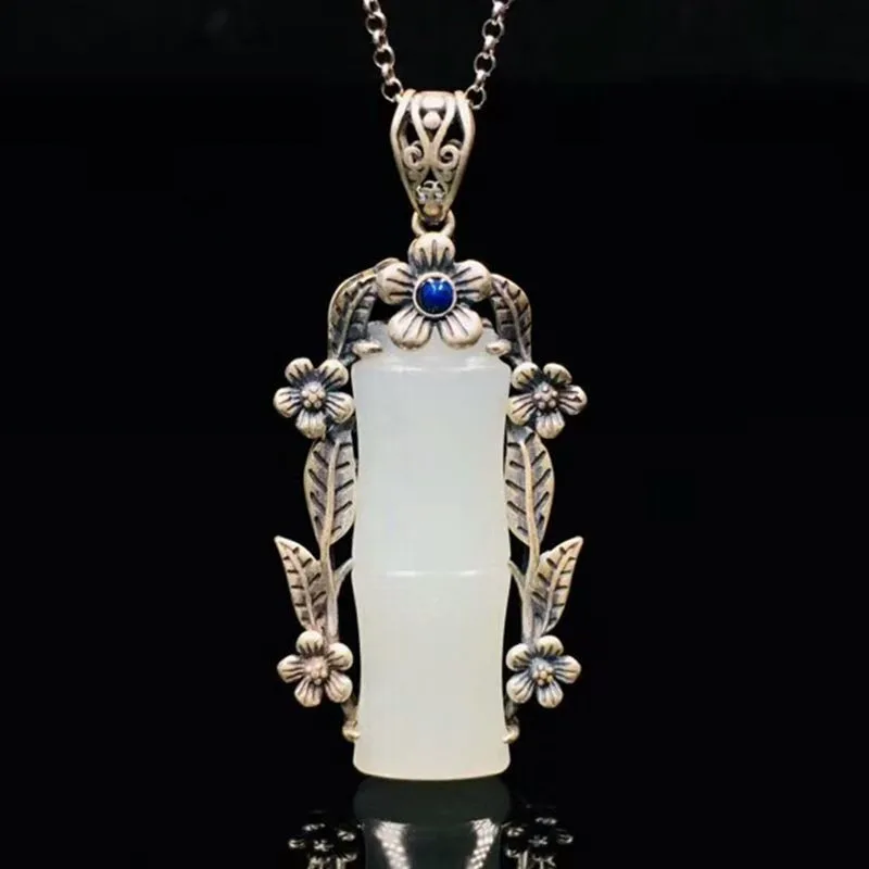 S925C Sterling Silver Inlaid Natural Hetian White Jade Steadily Rising Retro Pendant Jewelry