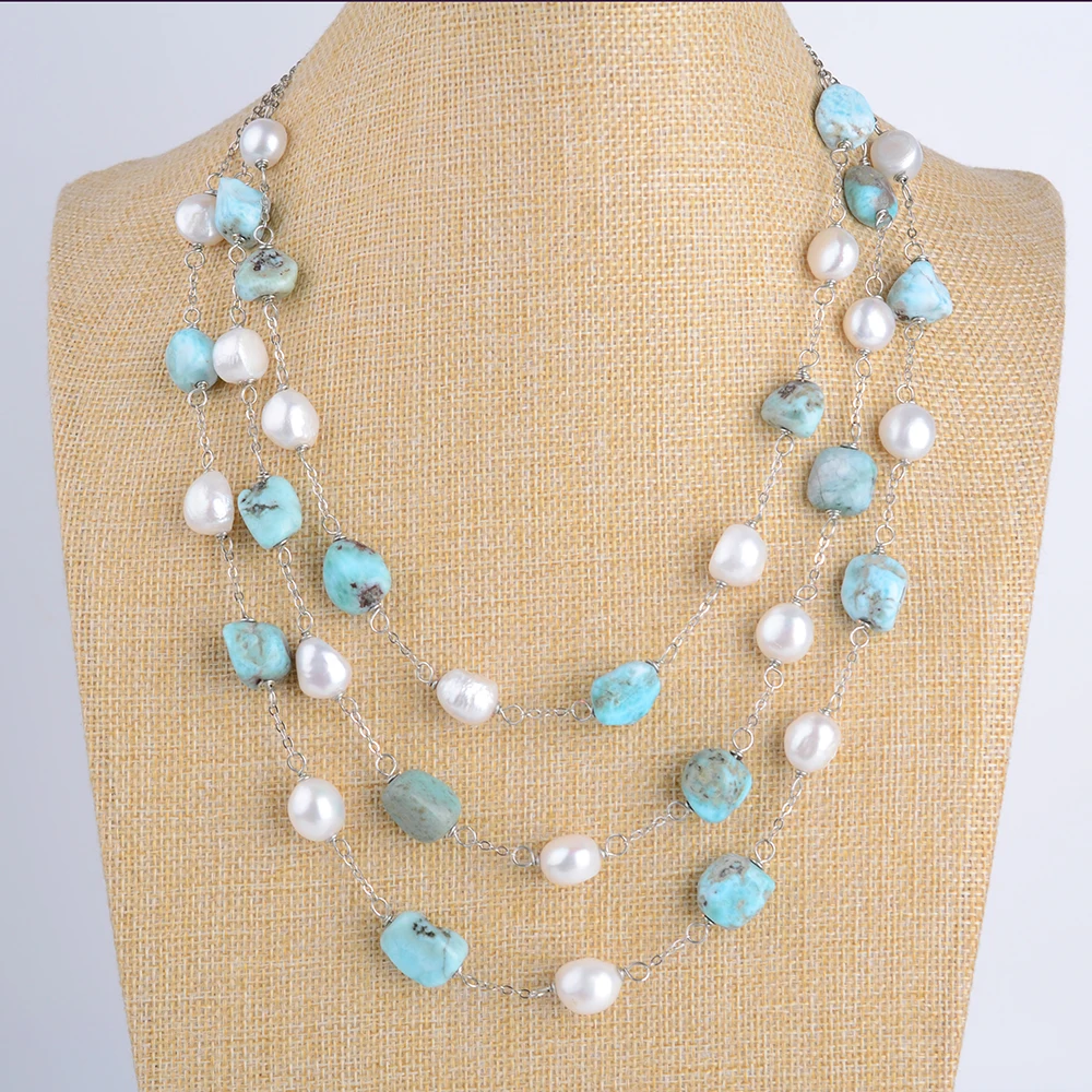 

19" 3 Strands Freshwater White Baroque Pearl Blue Larimar Necklace