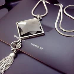 BYSPT Square Crystal Pendant Long Tassel Necklaces Women Fashion Jewelry Wholesale Silver Color Necklace Sweater Chain