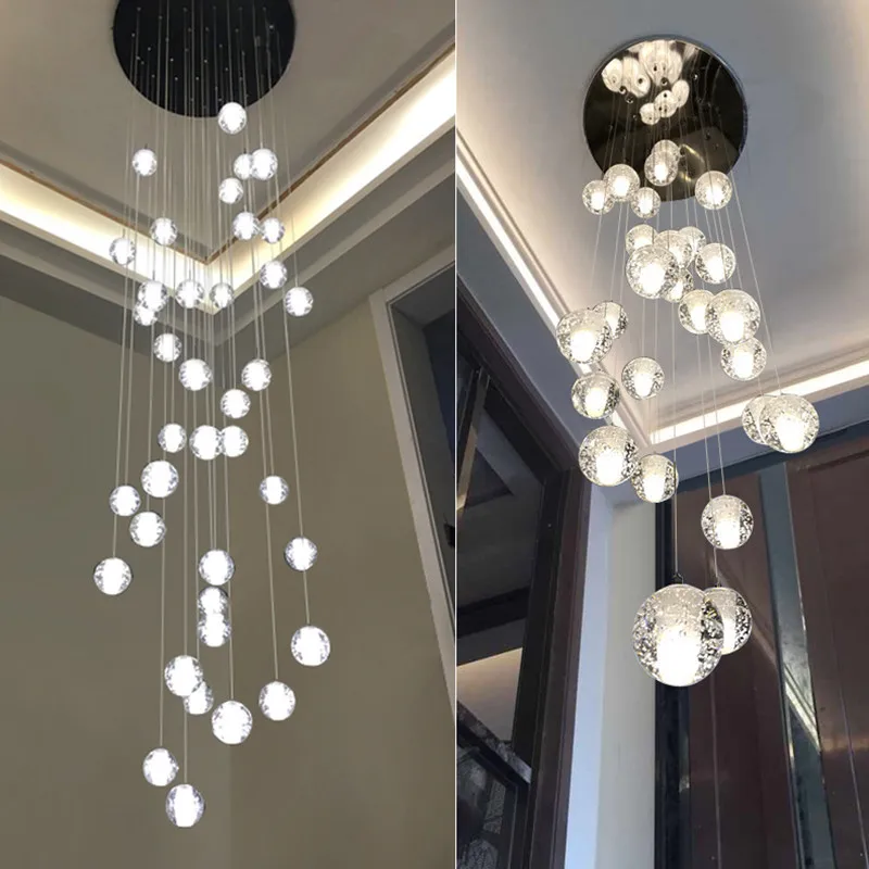 Stair chandelier long rope hanging crystal glass ball chandelier creative meteor shower restaurant interior decoration bar