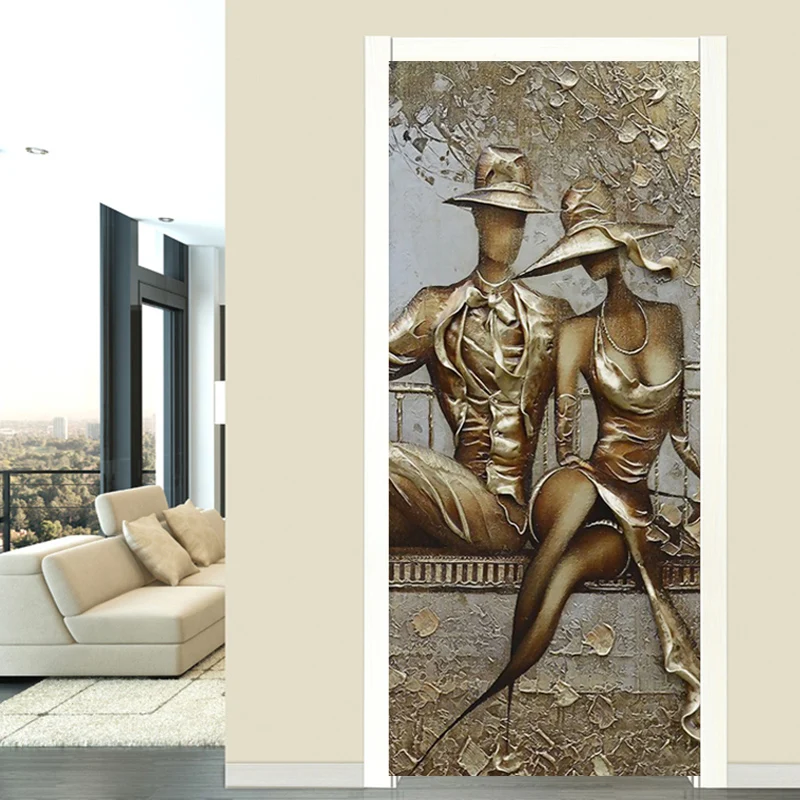 3D Door Sticker Stereo Golden Figure Mural Wallpaper Living Room Bedroom European Style Wall Sticker Self-Adhesive Door Poster