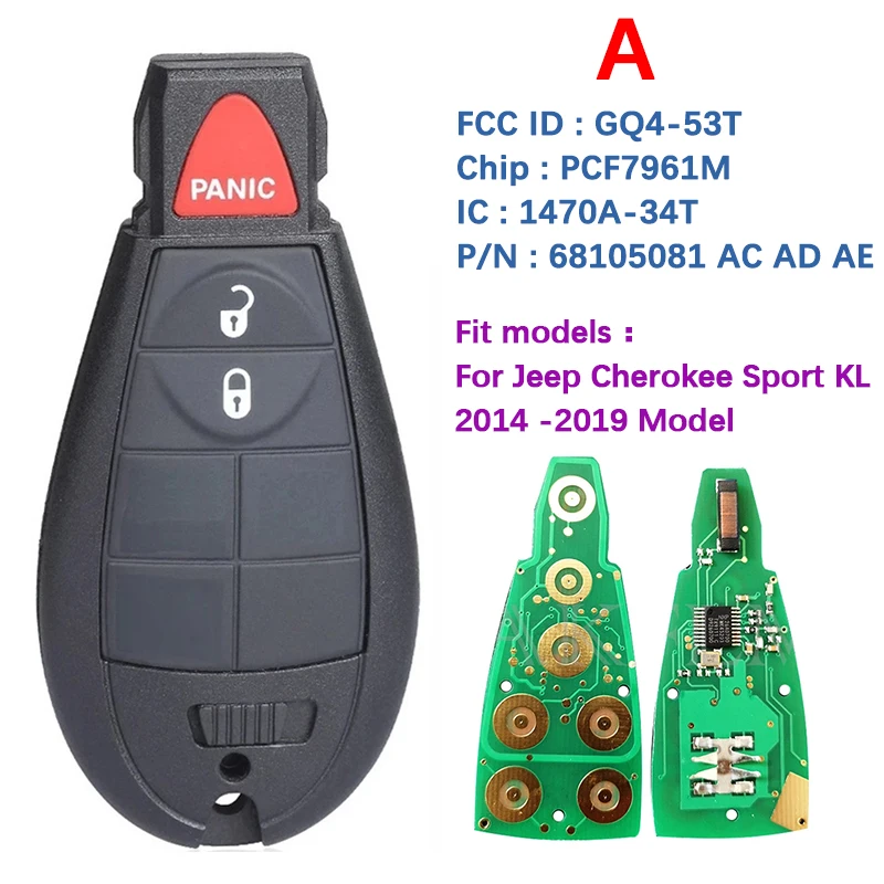 CN086040 2/3/4/5 Button Aftermarket Smart Key For Jeep Cherokee Sport KL 2014-2019 Remote Fobik 433MHz GQ4-53T PCF7961M 4A Chip