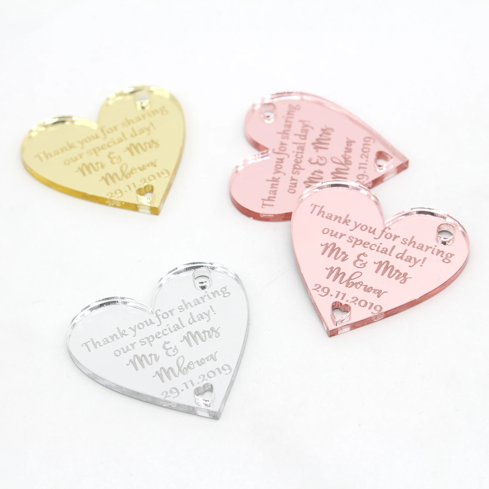 24 x of Personalized Laser Engraving And Cutting Heart-Shaped Labels, Gold / Silver Mirror Labels Wedding Party Table Decoration