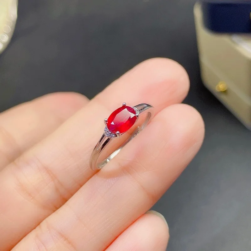 Natural Red Ruby Gem Ring Natural Gemstone Ring S925 Sterling Silver Trendy Luxurious Array Women Girl Wedding Gift Jewelry