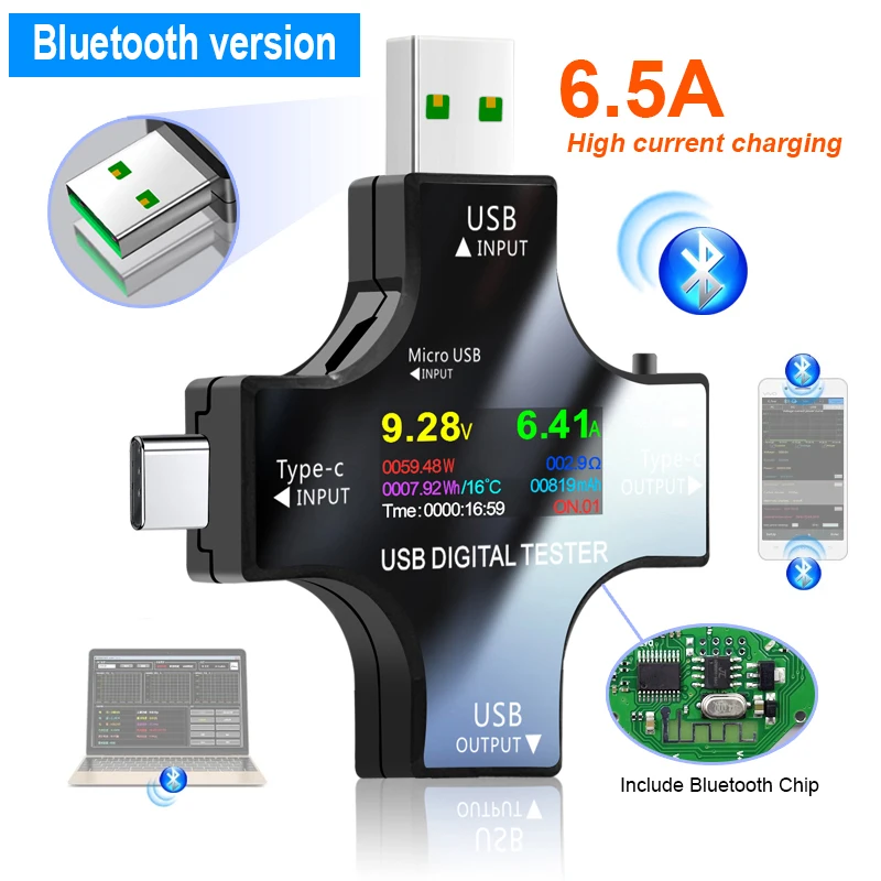 12 in 1 USB Tester DC Digital Voltmeter Current Voltage Type-C PD 6.5A Meter Amp Ammeter Detector Power Bank Charger Indicator