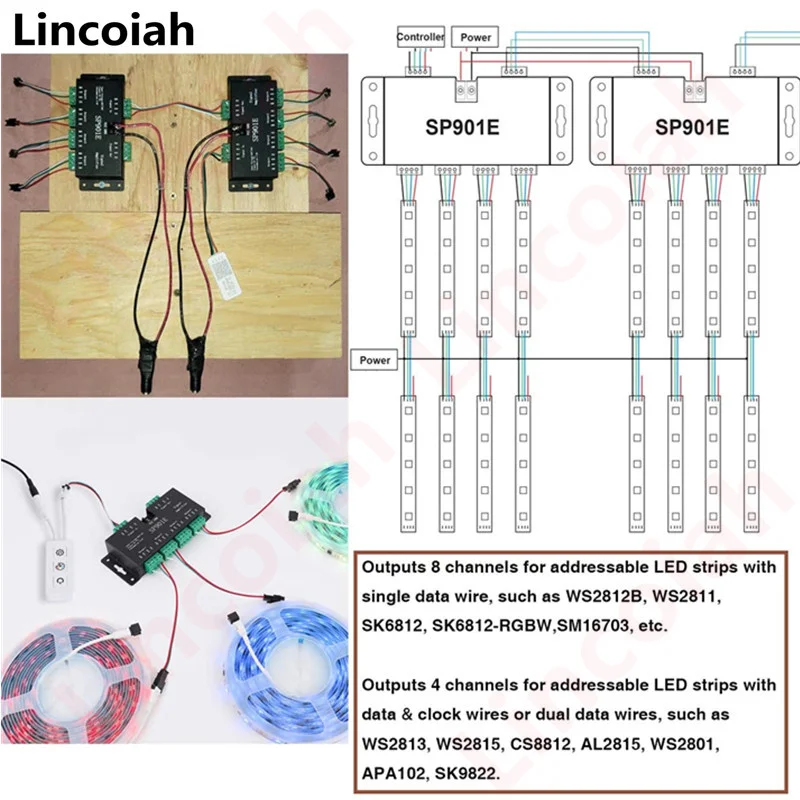 SP901E SPI Signal Amplifier Repeater for WS2812B WS2811 WS2813 RGB Addressable LED Pixel Strip Programmable Matrix Panel Light