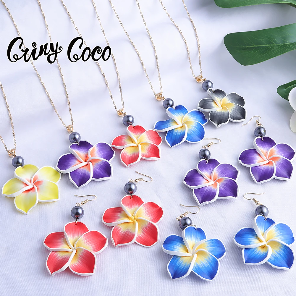 New Designer Jewelery Sets Trendy Handmade Soft Polymer Hawaiian Plumeria Necklace Earrings Set Valentine\'s Days for Women 2022