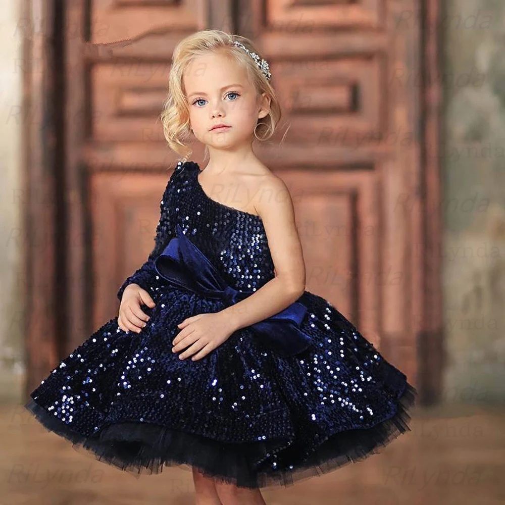 Kurze Mode Royal Blau Kinder Mädchen Elegante Blume Mädchen Kleid Prinzessin Partei Pageant Formal SequinsTulle 2-14 Y