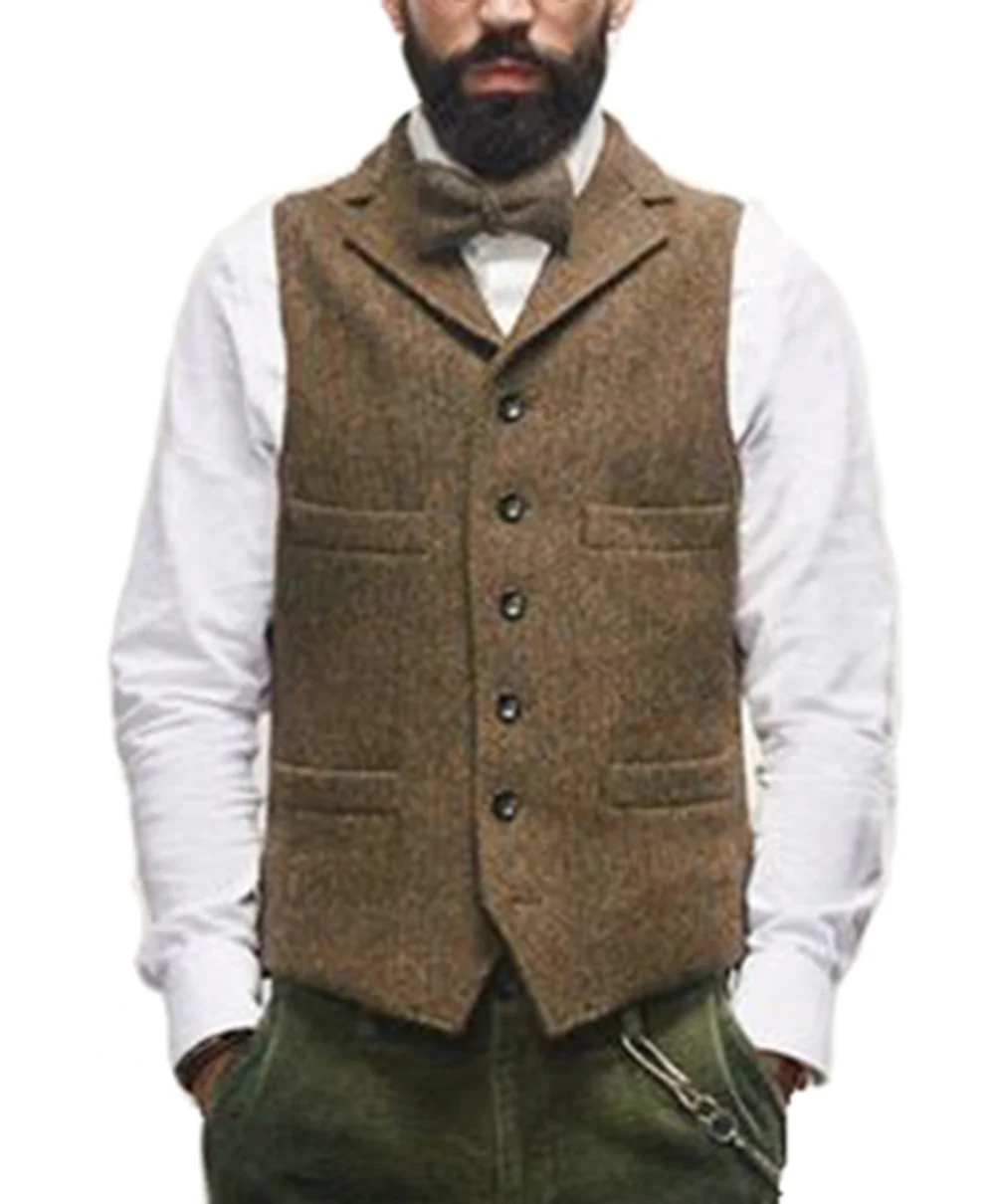 Gilet à revers cranté en tweed de laine trempée marron GlaClassic pour hommes, manteau d'hiver à chevrons pour mariage, GroomTIME, 2024