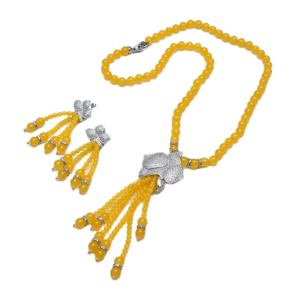 GuaiGuai Jewelry Yellow Jade Cubic Zirconia Pave Flower Tassel Pendant Necklace Earrings Sets Handmade For Women