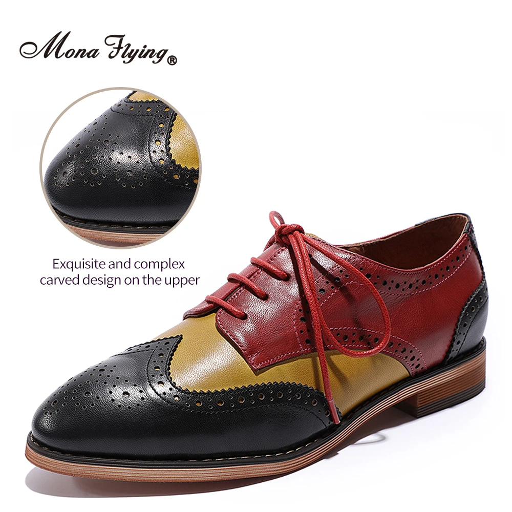 Mona Flying Oxford da donna Wingtip Chic in pelle fatta a mano Comfort Multi Color Derby Casual Scarpe piatte stringate da donna B098-6