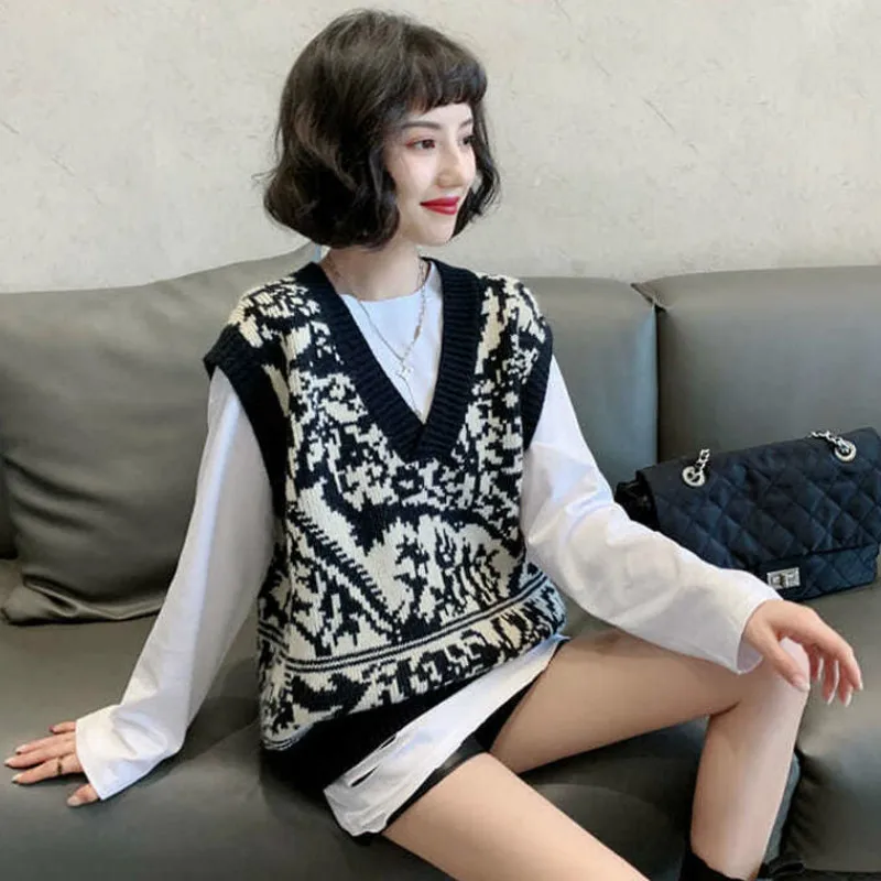 Sweter kamizelka z dzianiny damskie Harajuku Vintage dekolt w serek koreański styl bez rękawów luźne topy na co dzień eleganckie piękne Ulzzang